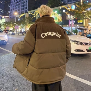 冬季复古高街灯芯绒拼接加厚棉服男潮牌宽松帅气休闲保暖百搭棉衣图片
