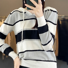 时尚百搭女士安迪绒宽条纹连帽针织衫简约大方舒适保暖适合秋季，女装针织衫/毛衣，思牵羊绒