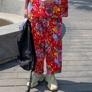 K340男装休闲裤宽松阔腿凉爽九分团队裤子睡裤东北大花风男女图片