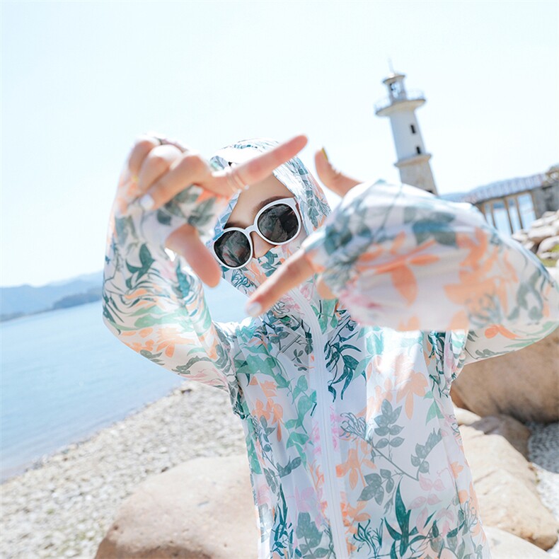 防晒衣女长袖夏季薄款外套中年妈妈电动车透气花色超薄印花防晒服,女装防晒衣,可可小西