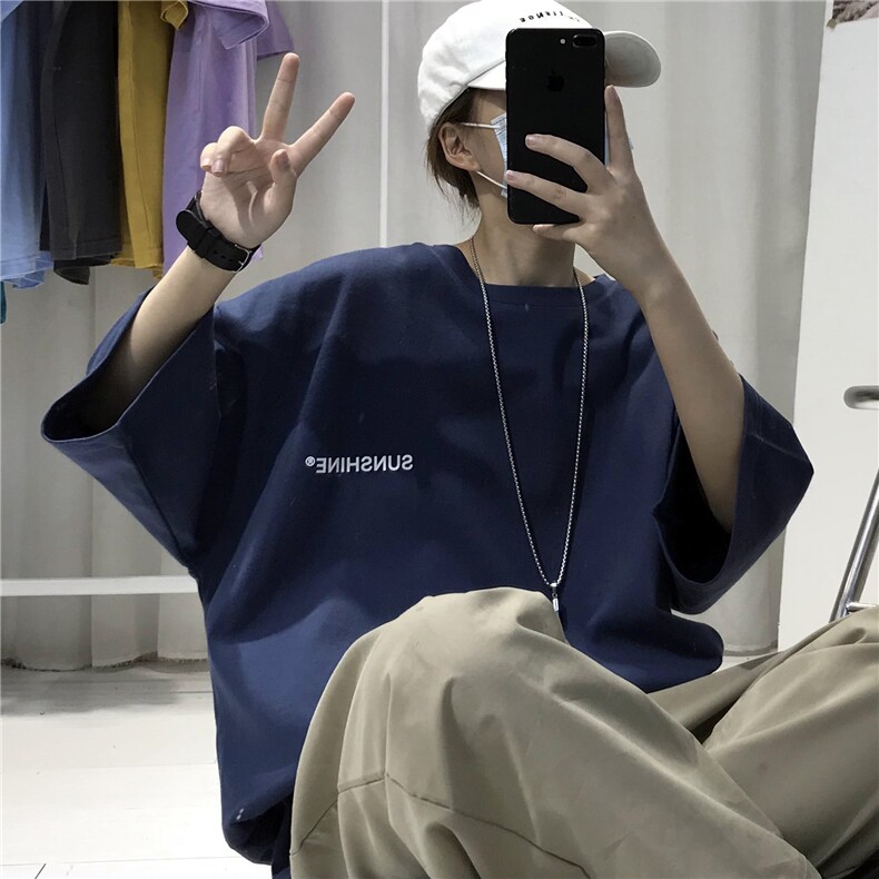 T06常年款男士休闲字母印花T恤衫外套圆领半袖五分袖TEE男女中性图片