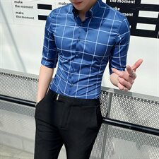 2021夏季七分袖格子衬衫男中袖半袖短袖衬衣A470-CS06，男装衬衫，电商A207