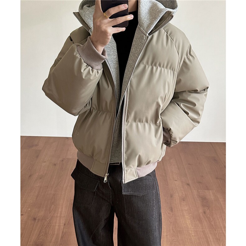 PU皮假两件连帽宽松棉衣男女保暖短款潮流冬季加厚棉服D513特P105图片