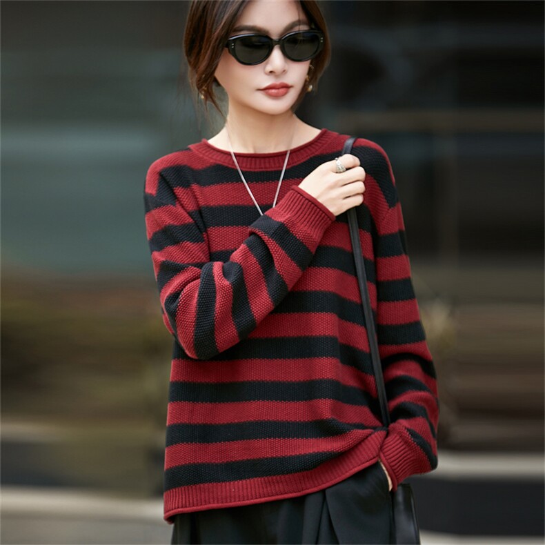 2025年秋季针织时尚百搭通勤简约休闲加厚条纹卷边圆领，女装针织衫/毛衣，秋虹羊绒
