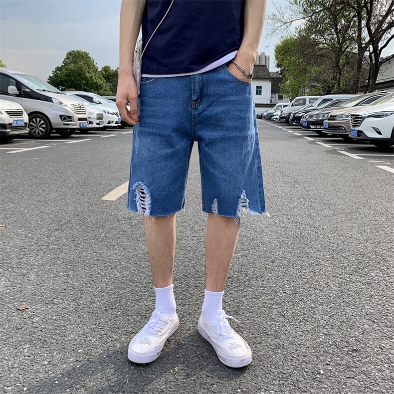 牛仔短裤男潮牌ins宽松直筒夏韩版潮流乞丐五分裤潮破洞5105,男装牛仔裤,电商A318
