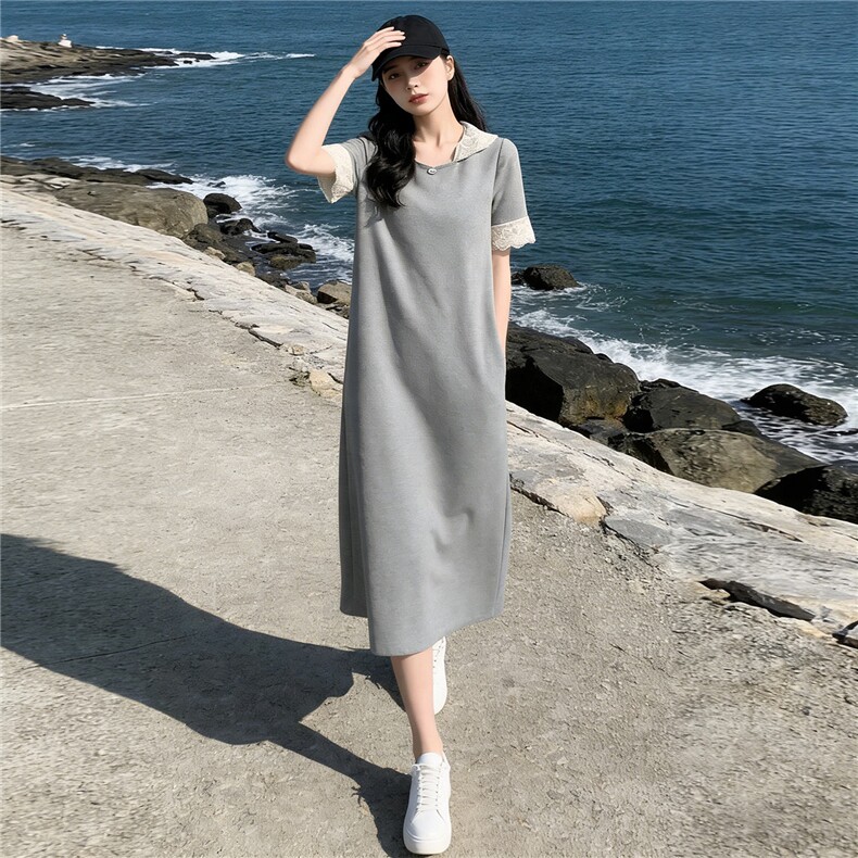 欧货时尚潮流长款连衣裙女夏新款洋气宽松蕾丝拼接连帽短袖休闲裙,女装套装/套裙,江南
