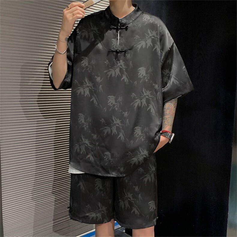 量大优供视频新风竹叶印花冰丝短袖短裤套装男TZ2404-特P50,男装休闲套装,电商A028