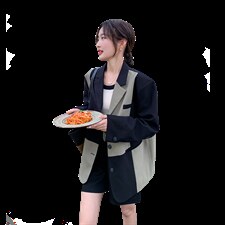 拼接方领纯色短袖极简风长袖西装韩版春秋小个子炸街气质网红时尚，女装西装，浙宝189