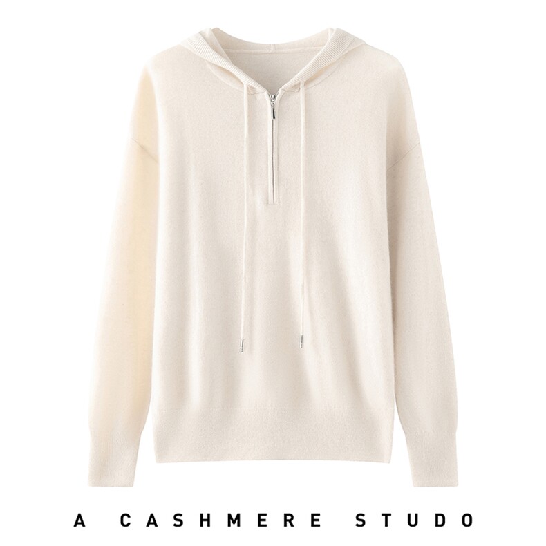 2025舒适百搭简约秋冬新款软糯舒适女士半开领抽绳帽衫羊绒衫，女装羊绒衫，星纬羊绒