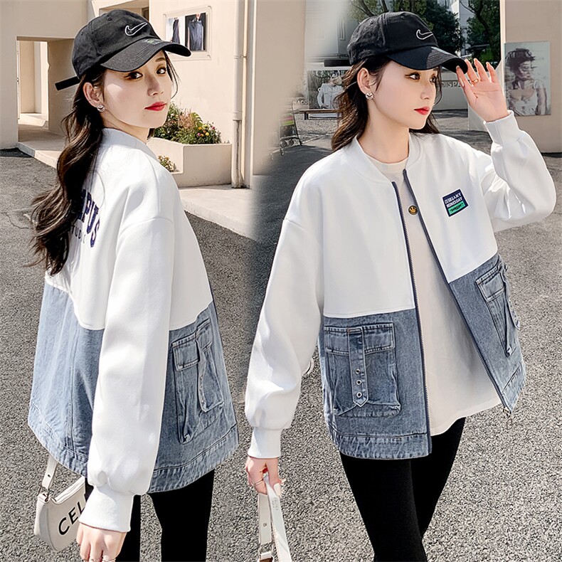 欧货牛仔拼接棒球服外套女2024春季新款韩版休闲卫衣夹克开衫上衣,女装短外套,悦祺