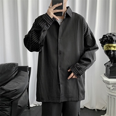 条纹衬衫外套男港风日系休闲宽松衣服潮流黑色男士衬衣W1161-P35，男装衬衫，星座512-2