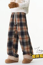 冬季潮流黑咖格宽松休闲加厚外穿棉裤情侣款格子拼羊羔绒休闲裤子，男装棉裤，星座302B-2