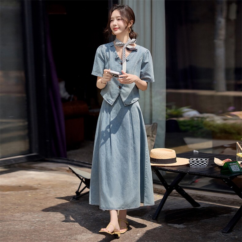 夏装薄款休闲牛仔套装裙女2025新款时尚通勤气质显瘦高级套两件套,女装套装/套裙,依路服饰