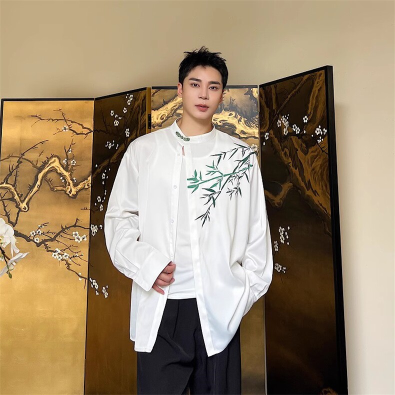 春季中式盘扣立领长袖男衬衫潮流复古缎面印花竹叶衬衣女176P75图片
