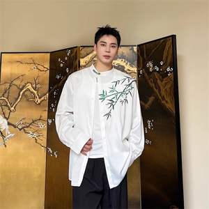 春季中式盘扣立领长袖男衬衫潮流复古缎面印花竹叶衬衣女176P75图片
