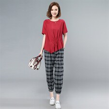 2021夏季新款气质圆领绣花褶皱格子休闲裤套装,女装套装/套裙,叶笙衣