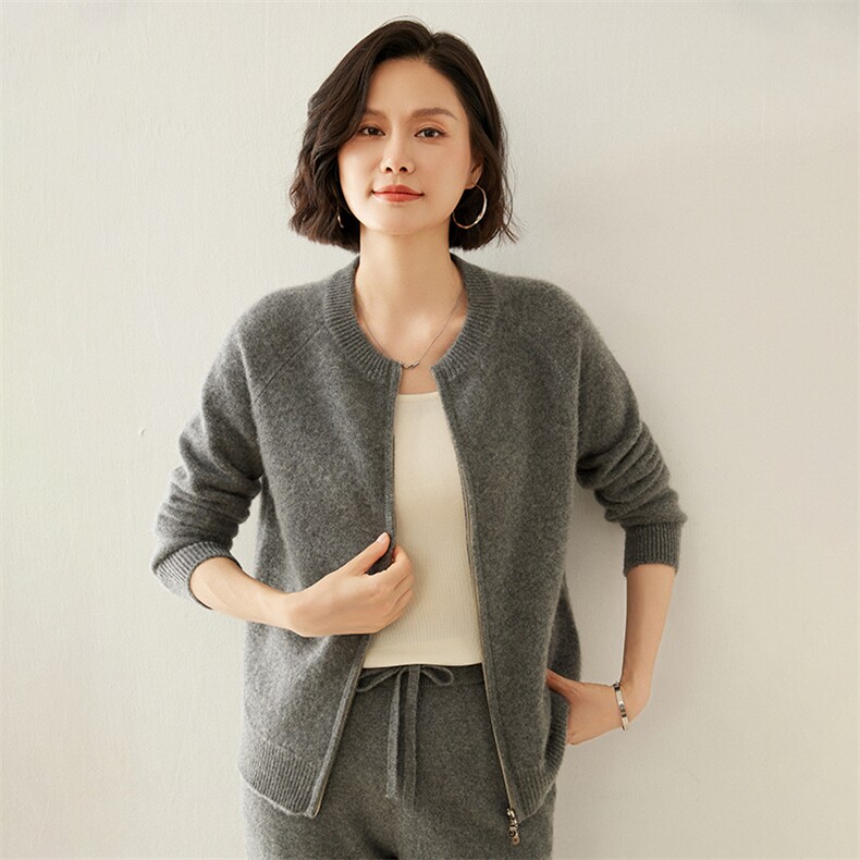 2024秋季新款圆领拉链开衫休闲舒适35%羊绒衫，女装羊绒衫，蚂蚁派对工厂直营店