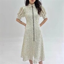 蕾丝泡泡袖连衣裙，女装连衣裙，HE