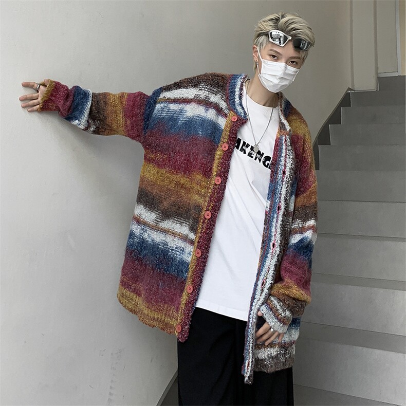 彩虹色条纹撞色针织衫男女ins秋宽松慵懒风开衫毛衣MY0219-P60,男装针织衫/毛衣,星座308B-1