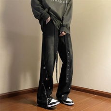 秋款男牛仔裤侧边开叉拉链长腰带渐变色直筒宽松长裤NK4004P55，男装牛仔裤，星座1013-1