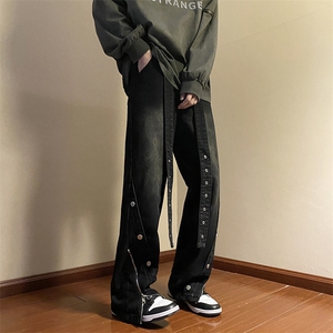 秋款男牛仔裤侧边开叉拉链长腰带渐变色直筒宽松长裤NK4004 P55图片