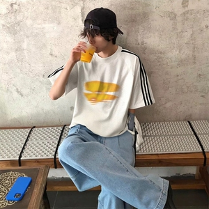 抖音得物高品质二开240克宽松纯棉美式潮牌三条杠织带短袖T恤图片