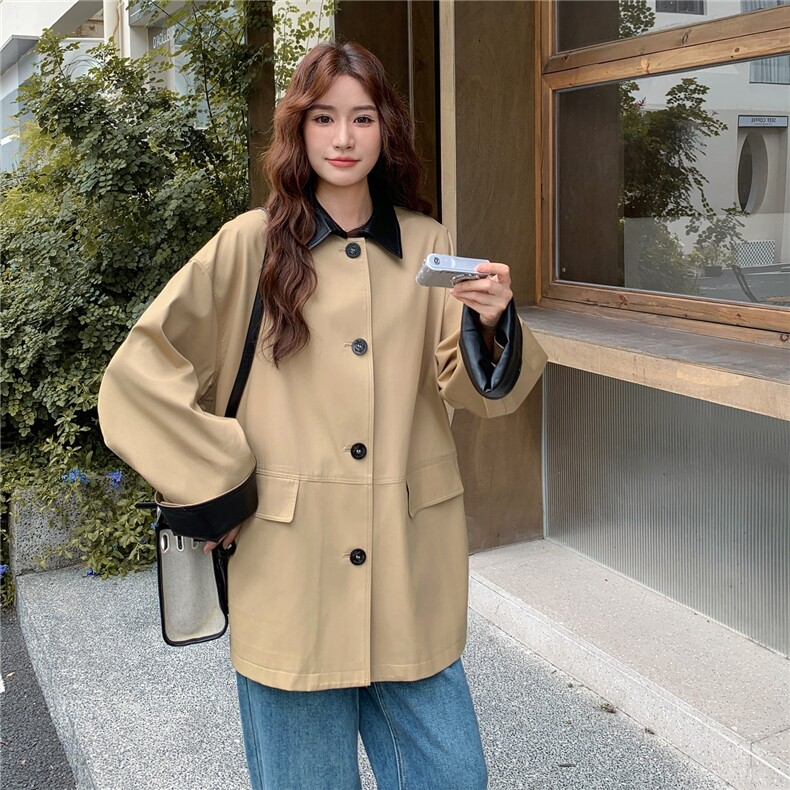 中长款口袋英伦风女士特大码风衣设计感上衣皮衣时尚春秋气质短款,女装风衣,浙宝208