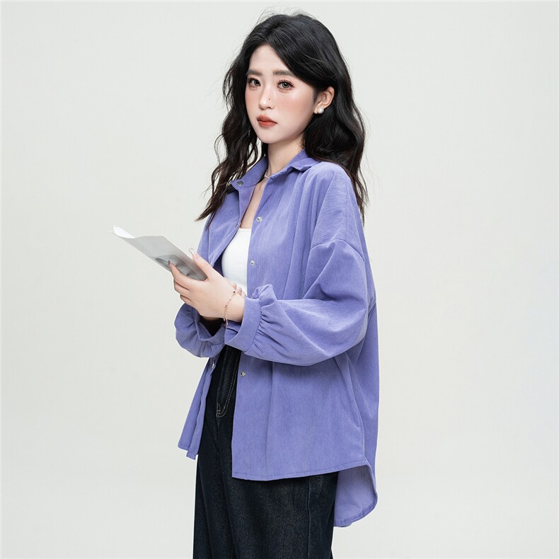 宽松休闲风百搭外套开衫女式衬衣2024新款灯芯绒秋冬外穿上衣潮,女装衬衫,初闻兮