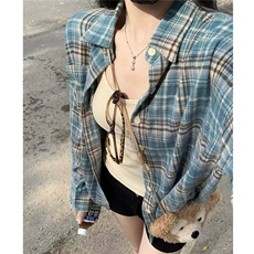 美式复古流苏破坏蓝色格子衬衫春秋潮牌小众毛边设计男女衬衣外套，男装衬衫，星座506A