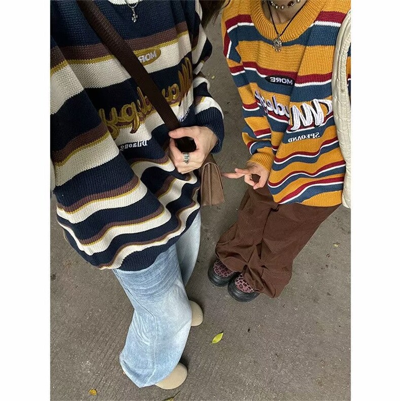 M236-P50 美式复古慵懒风条纹套头毛衣图片
