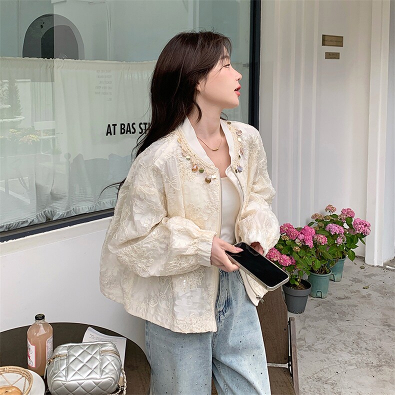 减龄重工刺绣短款蕾丝外套女2025春秋季新款韩系休闲显瘦夹克上衣,女装短外套,2C285