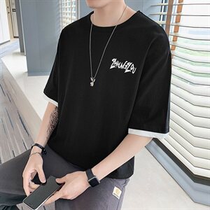 男士潮流字母印花短袖T恤新款休闲五分袖宽松上衣服DS389TP15图片