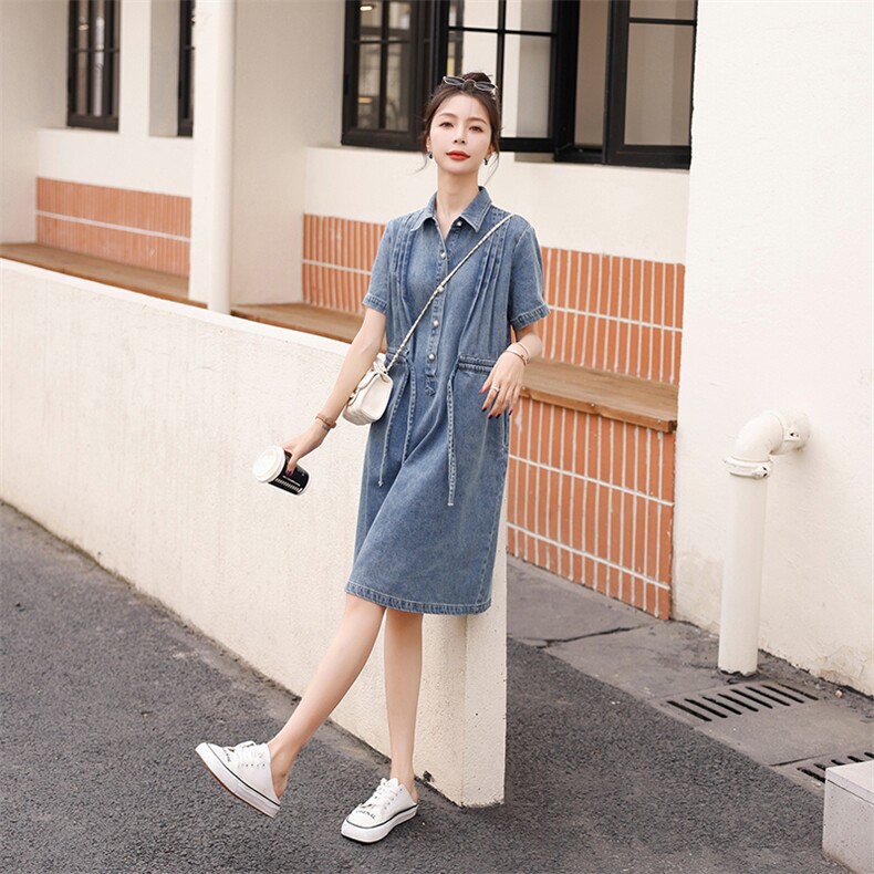 牛仔连衣裙女2024夏季新款韩版高级感宽松显瘦衬衫裙休闲减龄裙子,女装连衣裙,秋水欣儿