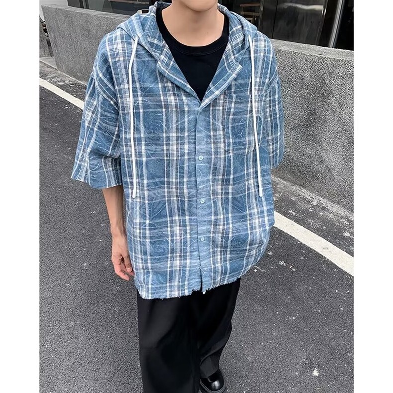 格子衬衫男士短袖韩版潮流连帽夏季2024新款ins宽松外套CY780-P36,男装衬衫,星座412-3