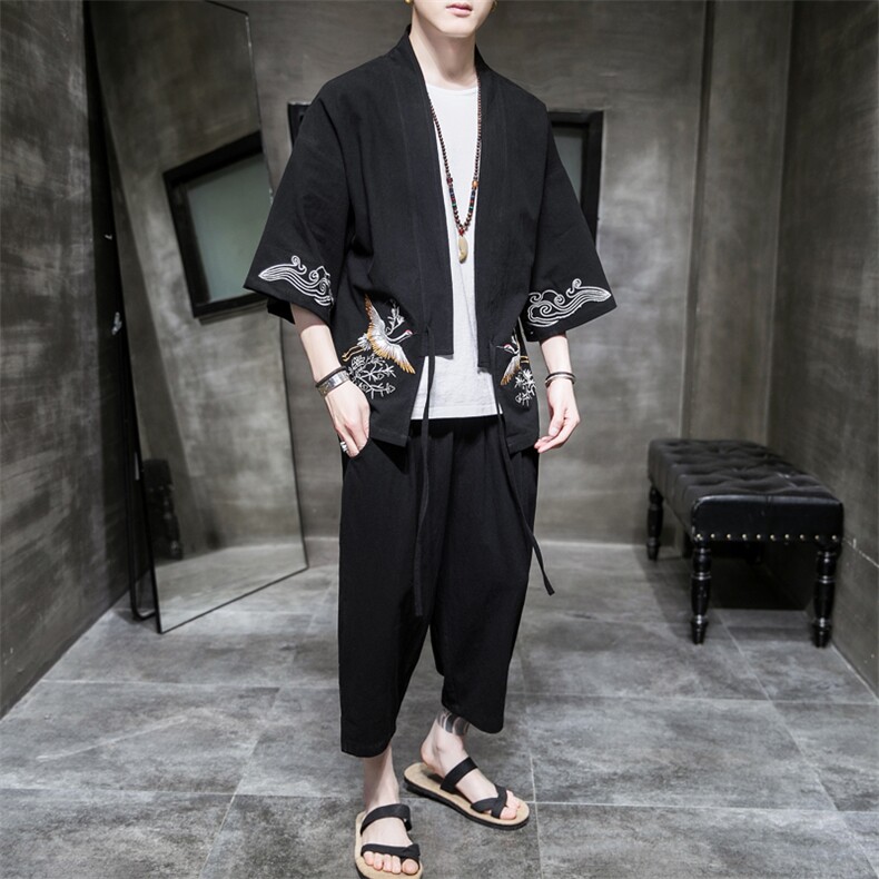 A611P75室内风2024春夏装新款七分袖七分裤仙鹤刺绣宽松汉服套装,男装T恤,电商A026