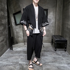 A611P75室内风2024春夏装新款七分袖七分裤仙鹤刺绣宽松汉服套装，男装T恤，电商A026