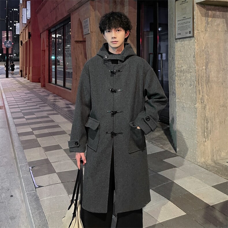 秋冬牛角扣连帽毛呢大衣男港风宽松风衣外套MN00706/P125加棉P135,男装风衣,电商B316