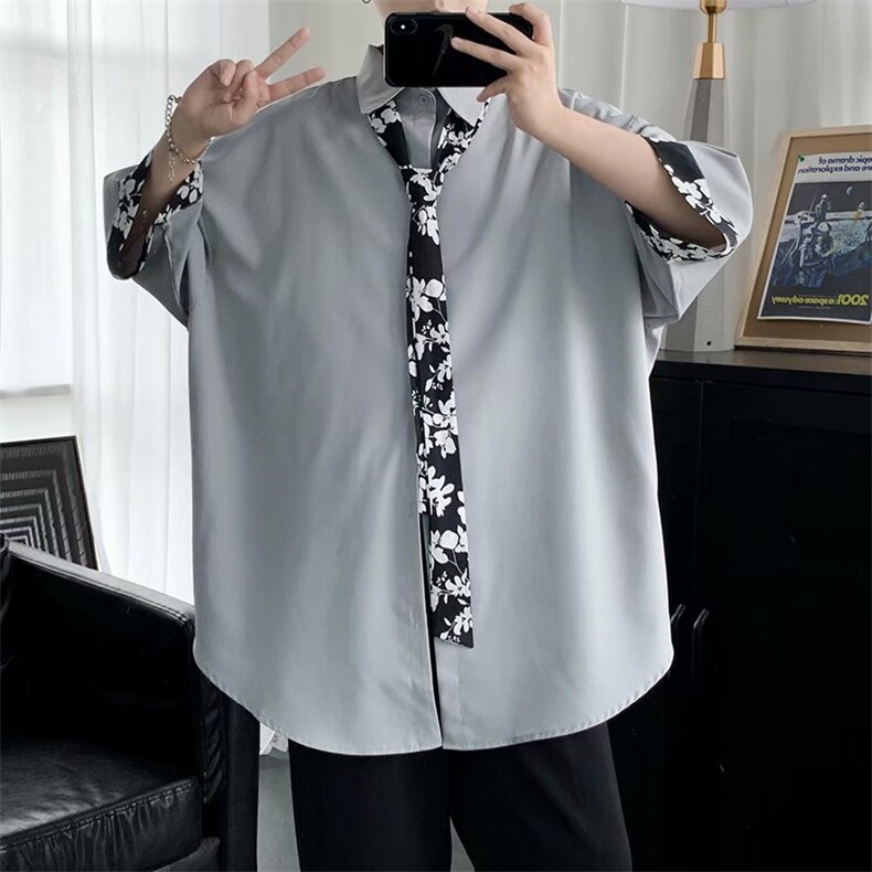 坠感领带衬衫男冰丝潮流帅气学院风DK制服套装港风痞帅七分袖衬衣,男装衬衫,四季星座505