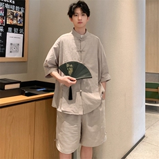 男装夏季短袖套装两件套新中式短裤宽松棉麻男装T033P95控138，男装休闲套装，电商A157