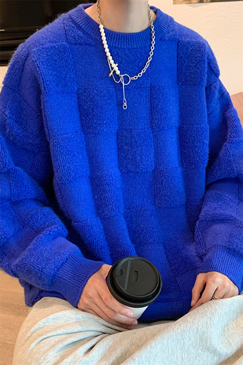 8XL-M特大码美式街头设计感毛巾绣格子毛衣男女情侣MY1204P50控68,男装针织衫/毛衣,电商D206-1