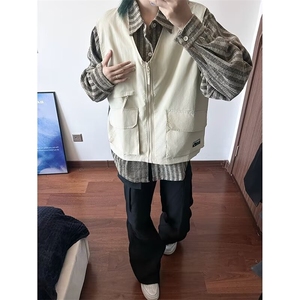 假两件工装长袖衬衫男生2024新款春秋日系条纹衬衣外套CY993-P64图片