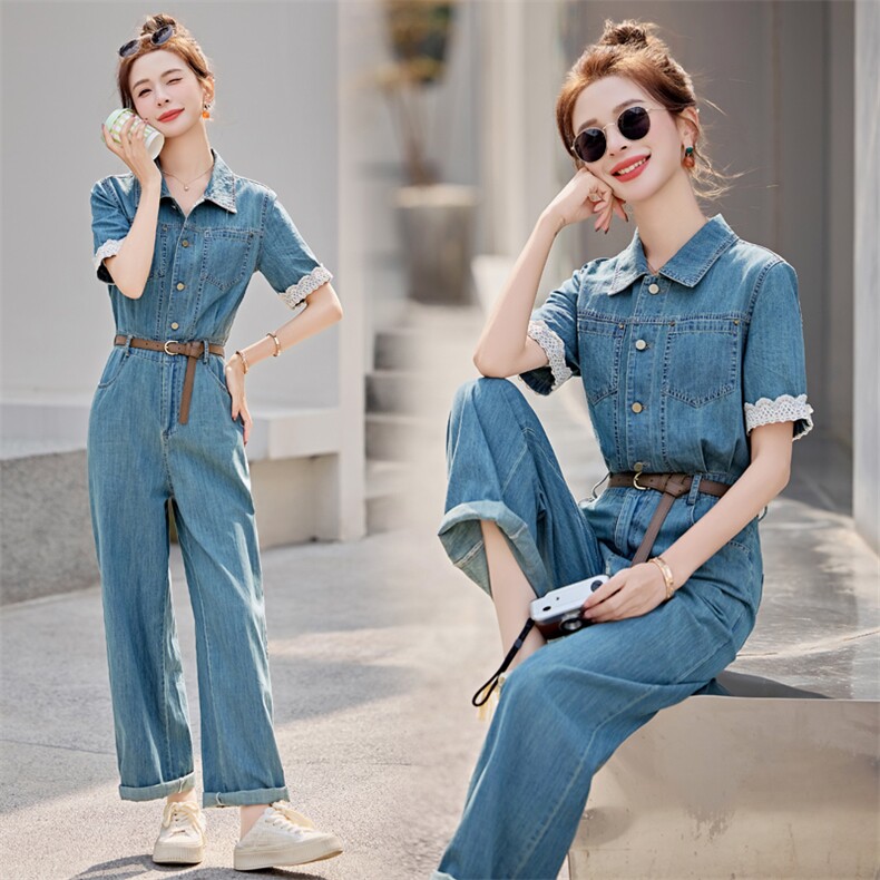 欧货薄款牛仔连体裤女2025夏新款时尚炸街显瘦蕾丝拼接直筒连衣裤，女装连体裤，意芙