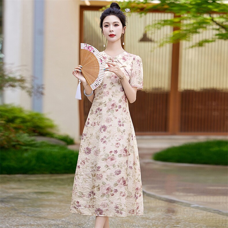 Acaine花楹曲/长款碎花长袖收腰连衣裙女夏季修身显瘦气质裙子,女装连衣裙,欣贝拉