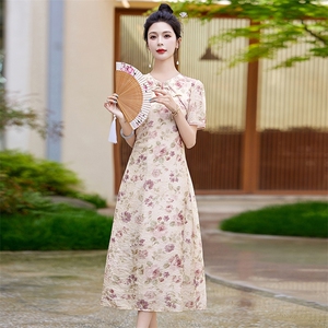 Acaine花楹曲/长款碎花长袖收腰连衣裙女夏季修身显瘦气质裙子图片