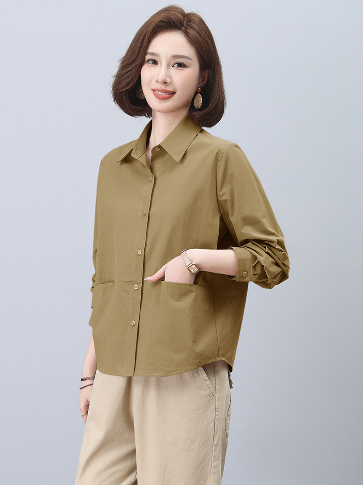 纯棉衬衫外套女春秋2024年新款胖MM大码宽松上衣中年妈妈薄款小衫,女装衬衫,曼沙奕珂