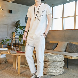 2021新款夏季风男装棉麻亚麻唐装短袖长裤套装大码T755-P55图片