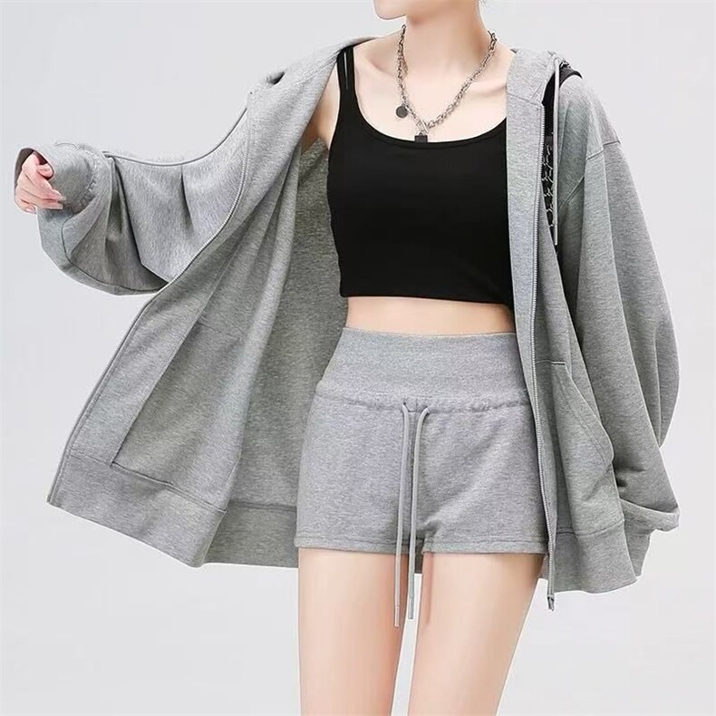 灰色连帽卫衣拉链上衣女春秋款2025新款chic夏季薄款休闲宽松外套图片