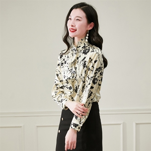 荷叶边立领真丝衬衫女长袖重磅真丝上衣衬衣春装妈妈装气质小衫图片