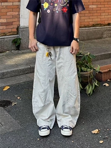 美式复古多口袋褶皱工装裤男高街cleanfit廓形裁剪直筒微喇Q99p55图片