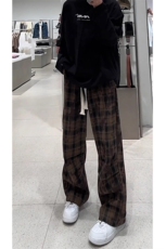 小众格纹百搭阔腿裤美式条纹高级感拖地直筒长裤KZ9963特P38，男装休闲裤，星座908-1